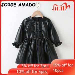 2022 Ins New Spring Kids Girls Dress Long Puff Sleeves Black Pu Leather Clothing Round Collar Vestido Toddler Outwear E3980