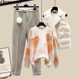 Winter New Warm Sweater 3 piece set Women Korean Fashion Sweet Heart-shaped beaded Sweater +Lamb wool vest +Pants Suits