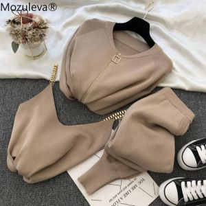 mozuleva  Women 2021 Autumn Winter Knitted  Vest Zipper Cardigans Pants 3pcs Sets Tracksuits Outfits