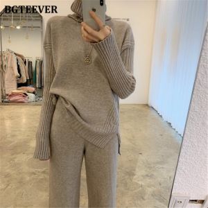 BGTEEVER Autumn Winter Thicken Knitted 2 Pieces Set Women Turtleneck Pullover Sweater & Wide Leg Pants 2021 Sweater Set Female
