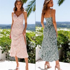 Elegant and Fashionable Women's Dresses 2021 Summer Dress Sexy Sling A-line Skirt Slit Print Ladies Mid-length Dress LYQ291