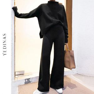 Yedinas Two Piece Set Top And Pants 2021 Winter Korean Womens Tracksuit Set Knitted Casual 2 Piece Sets Clothes Womens Outfits