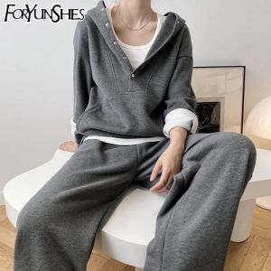 FORYUNSHES 2021 Autumn Winter Women Thick Fleece Cotton Suit 2 Pieces Sets Gray Hoodies Tracksuit Wide Casual Leg Pants Suits