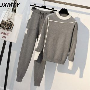 JXMYY 2021 Autumn Runway 2 Pieces Set Knitted Long Sleeve Pullovers Sweater Casual Patchwork Knit Jumper Tops and Pants Suits