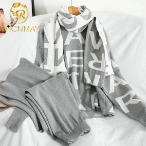 Women Knited Letter Sweater + Pants + Cape Long Scarf 3PCS Suits Knit Pullovers Cappa Wraps Wide Leg Trousers Sets