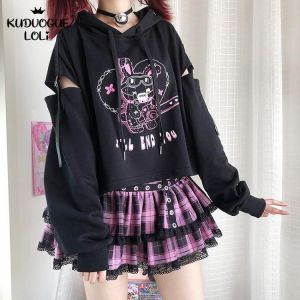Oversized Hoodie Short Sweatshirt Girl Loli Black Long Sleeve Stitching Ribbon Hollow Dark Style Halloween Hooded Top Saw-Rabbit