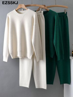EZSSKJ 2 Pieces sweater Set Women Tracksuit o-neck Sweater + loose Trousers CHIC Pullover Sweater+ Knitted  Carrot pants Set