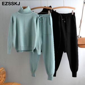 casual 2 Pieces sweater Set Women Knitted Turtleneck Sweater + loose Trousers CHIC Pullover Sweater+ Knitted  Carrot pants  Set