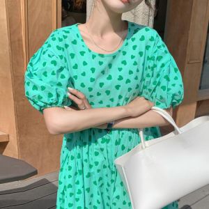 Korean Chic Summer Sweet Dress Age Reduction Love Print Round Neck Back Hollow Woman Dress Lace Up Loose Bubble Sleeve Dress