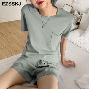 2021 casual oversize Knitted Tracksuit  women knit camisole +shorts 2 Pieces knit Set female chic loose t-shirt + shorts suits