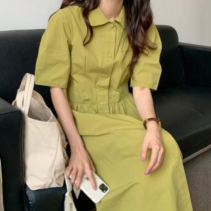 Korean Chic Dress Woman Temperament Gentle Small Lapel Dress Single Breasted Slim Waist Over Knee Bubble Sleeve Shirt Dress