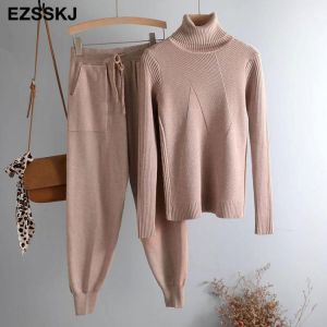 turtleneck sweater 2 Pieces Set 2020 women chic Knitted Pullover top + Sweater pants  Jumper Tops+ trousers  sweater suits