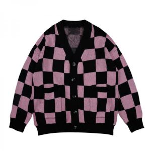 Winter Fashion Luxury Clothes Women Knitted V-neck Long Sleeve Tops Plaid Oversized Cardigan Sweatshirts Women Clothing