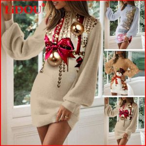 Fashion Mini Dress Christmas Printed Dresses For Women Bag Hip Long Sleeves O-Neck Vestidos De Mujer Slim Female T-shirt Dress