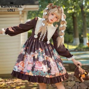 Sweet Women Lolita Girls OP Dress Long Sleeve Christmas Bear Cute Print Lace Ruffle Cosplay Birthday Tea Party Costume Teens New