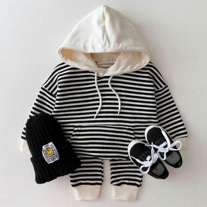 2021 Spring Autumn Fashion New Boys Casual Striped Hoodie Set Infant Girls Cotton Knit Two-piece Suit