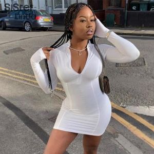 Sisterlinda Summer Sports Zip Skinny Mini Dress Women Long Sleeve Turtleneck Stretchy Sundress Clothing Lady Activewear Vestidos