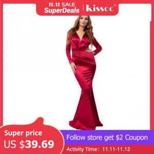 Deep V Neck Full Sleeved Pleated Long Evening Party Dress Stretch Satin Floor Length Event Gown Prom Robe