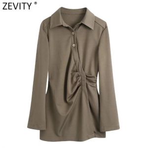 Zevity Women Fashion Turn Down Collar Solid Pleats Design Blouse Office Lady Retro Slim Shirts Chic Chemise Blusas Tops LS9832