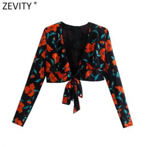 Zevity Women Elegant Red Floral Print Black Short Smock Blouse Female Lace Up Bow Tie Casual Shirts Chic Crop Blusas Tops LS9769