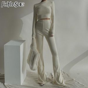 FORYUNSHES 2 Piece Sets Womens Outfits Tracksuits Sweat Suits Knitted  Basic Crop Top High Waisted Casual Flare Pants Set
