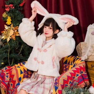 Japanese Style Lolita Girl Jacket Coat Sweet Long Sleeve Artificial Plush Rabbit Ears Round Neck Sweet Loose Women Spring Autumn