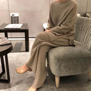 2021 New Fashion Winter Women's Thicken Warm Knitted Pullover Sweater Two-Piece Suits +High Waist Loose Wide Leg Pants Set