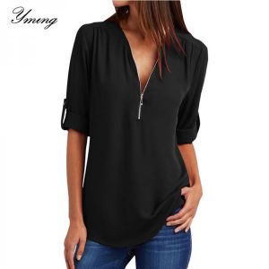 YMING Front Zipper Chiffon Blouse Women V-Neck Office Casual Female Ladies Tops Long Sleeve Blusas Shirts Vintage White Tunic