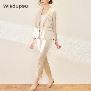 Women's Pants Blazer Satin Clothing Office Lady Work Chic Korean Formal OL Professional Two Piece Suit Pantsuit Female Plus S