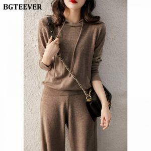 BGTEEVER Autumn Winter Casual Knitted 2 Pieces Set Women Hooded Pullovers & Wide Leg Lace-up Knit Pants 2020 Female Sweater Se