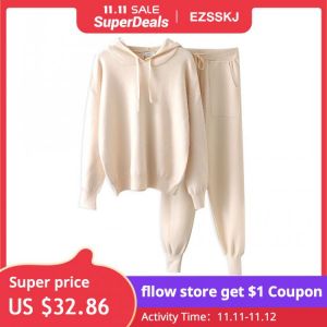 ins 2 Pieces Set Women Knitted Tracksuit hooded Sweater + Harem Pants Pullover 2021 Sweater Set CHIC Knitted hooded top