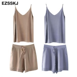 knit camisole +short 2 Pieces Set 2021 women chic  casual Knitted Pullover top +  knit pants  Jumper Tops+ short suits PJ2102