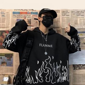 Streetwear ladies flame print pullover hoodie oversized Harajuku style hoodie plus size winter sweatshirt Korean streetwear top