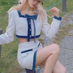 Autumn Kawaii Two Piece Set Women Korean Fashion Patchwork Party Mini Skirt Suit Female Long Sleeve Bow Designer Skirt Set 2021