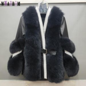 100% natural real fox skin women's coat + real sheepskin leather jacket long sleeve  with diamond Belt, button free