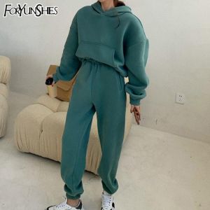 2 Piece Sets Womens Oversized Tracksuit Warm Fleece Suits Short Hoodies Tops Casual Sweatshirts Jogging Pant Outfits Sweatpants