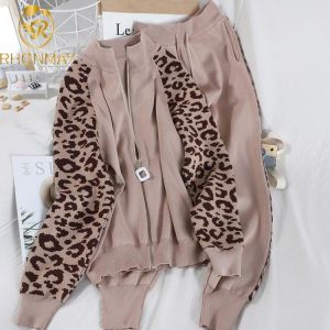 Two Piece Tracksuit Long Sleeve Coat And Trousers Fashion Leopard Patchwork Knit Casual Suit Set 2020 New Autumn Female Korean