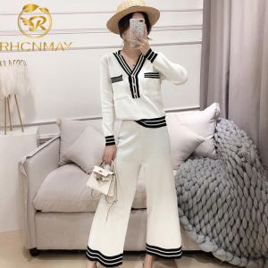 2020Autumn Fashion Knitting Female Sweater Pants For Women Two Piece Set Knitted Pullover V-neck Long SleeveTop Wide Leg Pants
