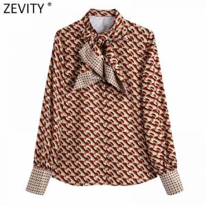 Zevity New Women Vintage Stand Collar Bow Tied Geometric Print Blouse Office Lady Breasted Shirt Chic Chemise Blusas Tops LS9720