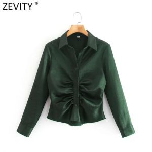 Zevity Women Fashion Pleated Design Breasted Solid Satin Blouse Female Ruffles Casual Slim Kimono Shirts Chic Blusas Tops LS9816