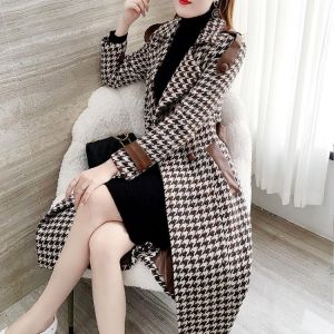 Woman Long Plaid Woolen Coat Houndstooth Overcoat