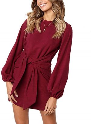 PRETTYGARDEN Women’s Elegant Long Lantern Sleeve Short Dress Crewneck Tie Waist Knit Cocktail Dress