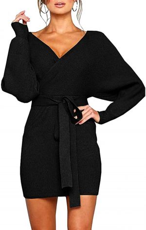 Mansy Women's Sexy Cocktail Batwing Long Sleeve Backless Mock Wrap Knit Sweater Mini Dress