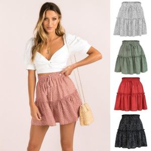 2021 Summer Woman Skirts Harajuku Tall Waist Chiffon Printing Pleating Wave Point Skirts Womens Retro Style