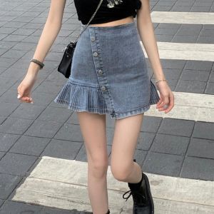 INS Super Popular High Waist Denim Skirt Women's Slimming Niche Pleated A- line Skirt Summer New Irregular Skirt