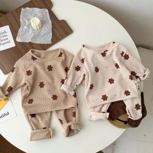 Toddler Kids Waffle Cartoon Pullover Sweatshirt Set Baby Boys And Girls Bear Print Casual Long Sleeve Coat + Pant Two-piece Suit