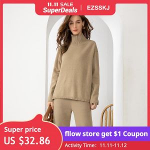 ins 2 Pieces Set Women Knitted Tracksuit Turtleneck Sweater + straight  Pants Pullover 2021  Sweater Set CHIC Knitted Outwear