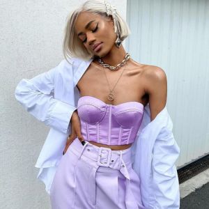 SEASONS Patchwork Sexy Bustier Corset Crop Top Women Sleeveless Off Shoulder Purple Satin Bandage Tank Top Summer Club ASVE82591