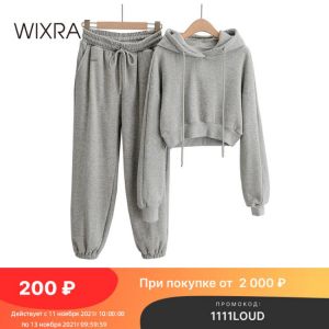 Wixra Womens Solid Casual Sets Warm Fleece Hoodies Elastic Waist Drawstring Pants Winter Basic Short Sweatshirts Suits Autumn