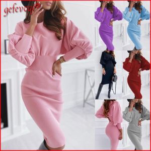 Autumn Winter Trendy Slim Clothing Women Elegant Office Lady Long Sleeve Knitted Bodycon Dresses Pullover Party Midi Dress Robe